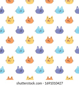 Seamless Pattern of Cartoon Cat Face Design on White Background