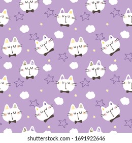 Seamless Pattern of Cartoon Cat Face, Cloud and Star Design on Violet Background