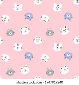 Seamless Pattern of Cartoon Cat Face Design on Pink Background