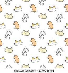 Seamless Pattern of Cartoon Cat Face Design on White Background