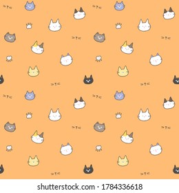Nahtloses Muster mit Cartoon Cat Face Design auf orangefarbenem Hintergrund