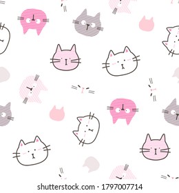 Seamless Pattern of Cartoon Cat Face Design on White Background