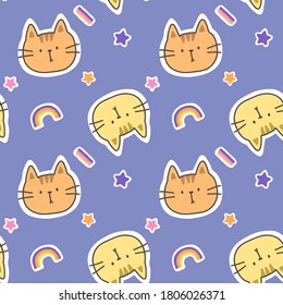 Seamless Pattern with Cartoon Cat Face ,Star and  Rainbow Design on Blue Violet Background