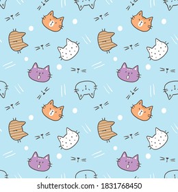 Seamless Pattern with Cartoon Cat Face Design on Blue Background 