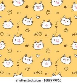 Seamless Pattern with Cartoon Cat Face Design on Yellow Background