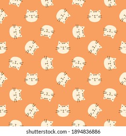 Seamless Pattern with Cartoon Cat Face Design on Orange Color Background