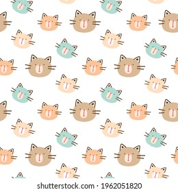 Seamless Pattern with Cartoon Cat Face Design on White Background