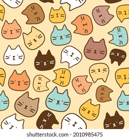 Seamless Pattern with Cartoon Cat Face Design on Light Yellow Background