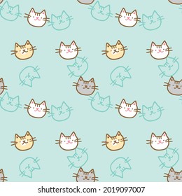 Seamless Pattern of Cartoon Cat Face Design on Pastel Green Background