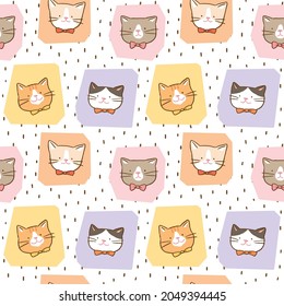 Seamless Pattern with Cartoon Cat Face Design on White Background
