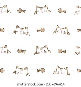Seamless Pattern with Cartoon Cat Face and Fish Bone Design on White Background