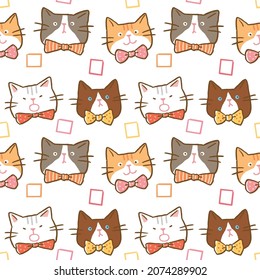 Seamless Pattern of Cartoon Cat Face Design on White Background