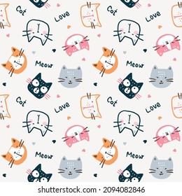 Seamless Pattern with Cartoon Cat Face Design on Light Grey Background