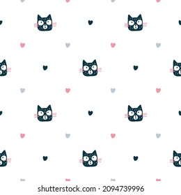 Seamless Pattern with Cartoon Cat Face and Heart Design on White Background