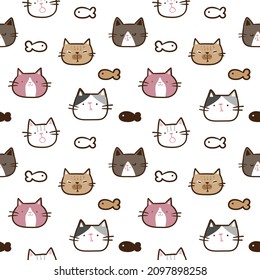 Seamless Pattern of Cartoon Cat Face Design on White Background