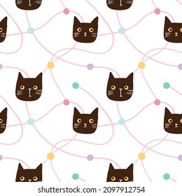 Seamless Pattern with Cartoon Cat Face and Wavy Line Design on White Background