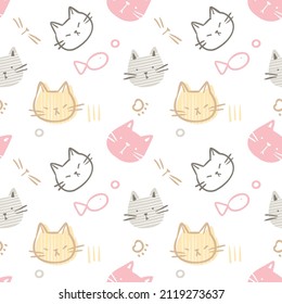 Seamless Pattern with Cartoon Cat Face Design on White Background