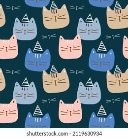Seamless Pattern with Cartoon Cat Face Design on Dark Blue Background
