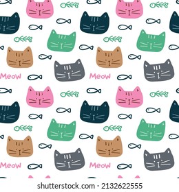 Seamless Pattern with Cartoon Cat Face and Fish Design on White Background