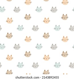 Seamless Pattern with Cartoon Cat Face Design on White Background