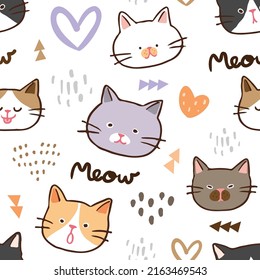 Seamless Pattern with Cartoon Cat Face Design on White Background