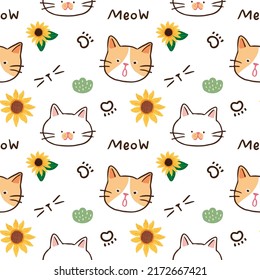 Seamless Pattern with Cartoon Cat Face Design on White Background