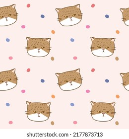 Seamless Pattern with Cartoon Cat Face and Dot Design on Light Pink Background
