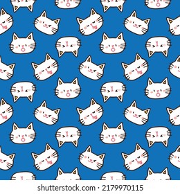 Seamless Pattern with Cartoon Cat Face Design on Deep Blue Background