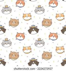 Seamless Pattern with Cartoon Cat Face Design on White Background