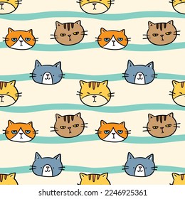 Seamless Pattern of Cartoon Cat Face Design on Yellow Background with Green Wavy Lines
