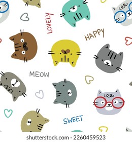 Seamless Pattern of Cartoon Cat Face Design on White Background