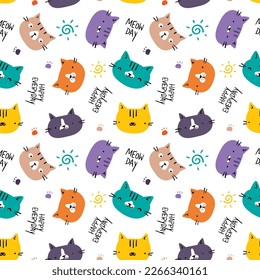 Seamless Pattern with Cartoon Cat Face Design on White Background