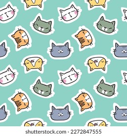 Seamless Pattern with Cartoon Cat Face Design on Green Background