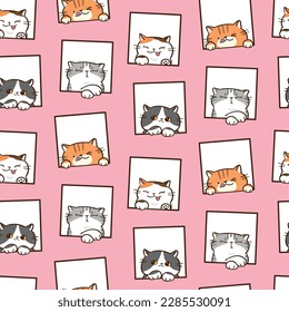 Seamless Pattern with Cartoon Cat Face and Square Design on Pink Background