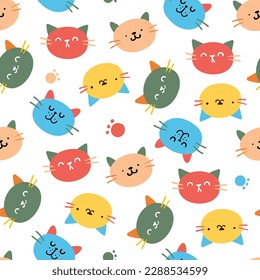 Seamless Pattern with Cartoon Cat Face Design on White Background