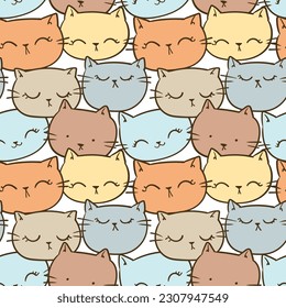 Seamless Pattern of Cartoon Cat Face Design on White Background