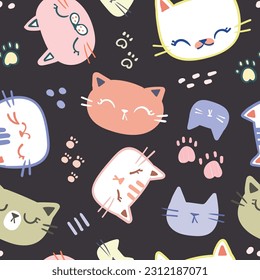 Seamless Pattern of Cartoon Cat Face Design on Dark Purple Background
