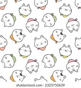 Seamless Pattern with Cartoon Cat Face Design on White Background