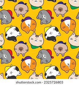 Diseño de cara de gato de caricatura sin problemas en fondo amarillo