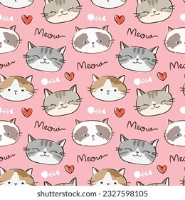 Seamless Pattern of Cartoon Cat Face, Heart and Fish Bone Design on Pink Background