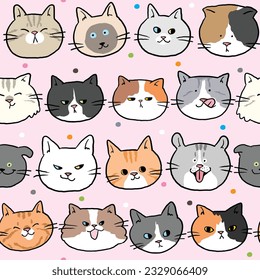 Seamless Pattern with Cartoon Cat Face Design on Light Pink Background