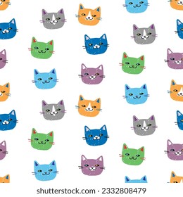 Seamless Pattern with Cartoon Cat Face Design on White Background