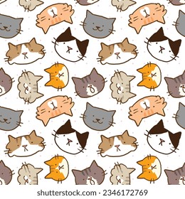 Seamless Pattern of Cartoon Cat Face Design on White Background with Pink Dots