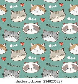 Nahtlose Muster mit Cartoon Cat-Design auf grünem Hintergrund