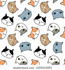 Seamless Pattern of Cartoon Cat Face Design on White Background