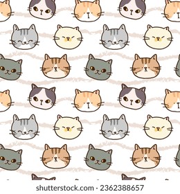 Seamless Pattern of Cartoon Cat Face Design on White Background with Wavy Lines