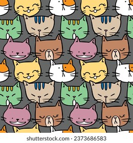 Seamless Pattern of Cartoon Cat Face Design on Dark Grey Background