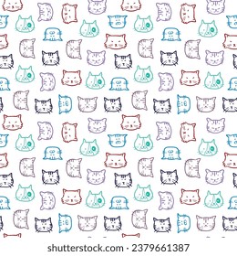 Seamless Pattern with Cartoon Cat Face Doodle Design on White Background