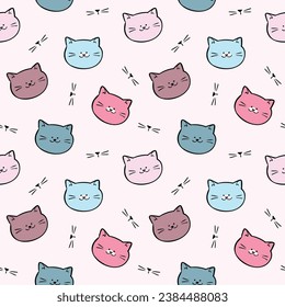 Seamless Pattern with Cartoon Cat Face Design on Light Pink Background