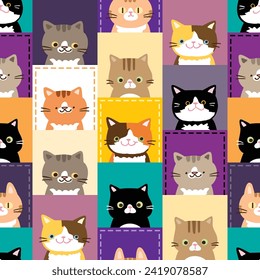 Seamless Pattern with Cartoon Cat Face and Square Design